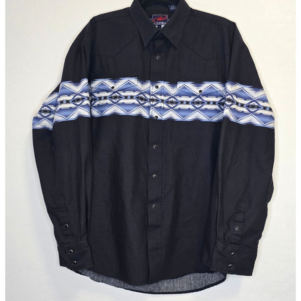Roper Men's Large Long Sleeve Black and Blue Western Pearl Snap Rodeo Vintage - Picture 2 of 10